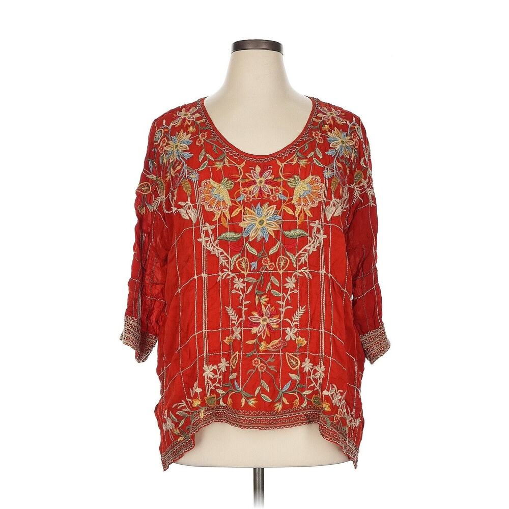 Johnny Was Sienna Shirt Top XL Cayenne Heavily Embroidered Side Slits Relaxed - Picture 7 of 8
